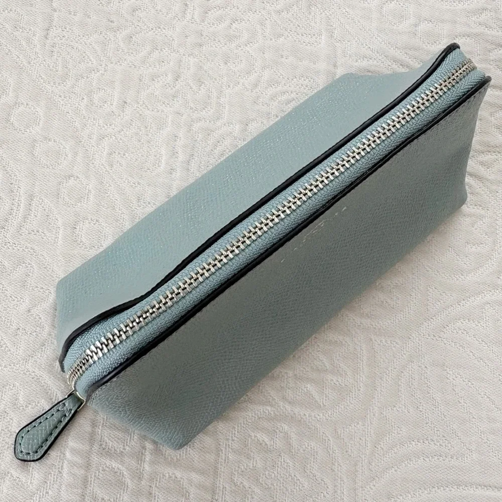Coach Zippered Leather Makeup Pouch, Sky Blue Silver